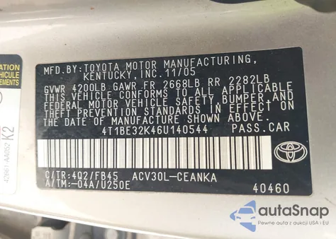 2006 Toyota Camry Le z USA, uszkodzony, nr VIN 4T1BE32K46U140544